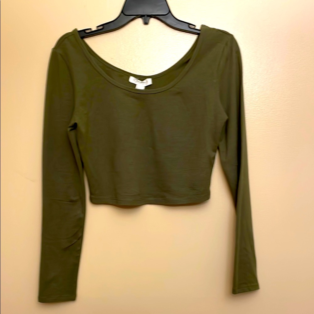 Khaki green LS crop top size L made w cotton and spandex